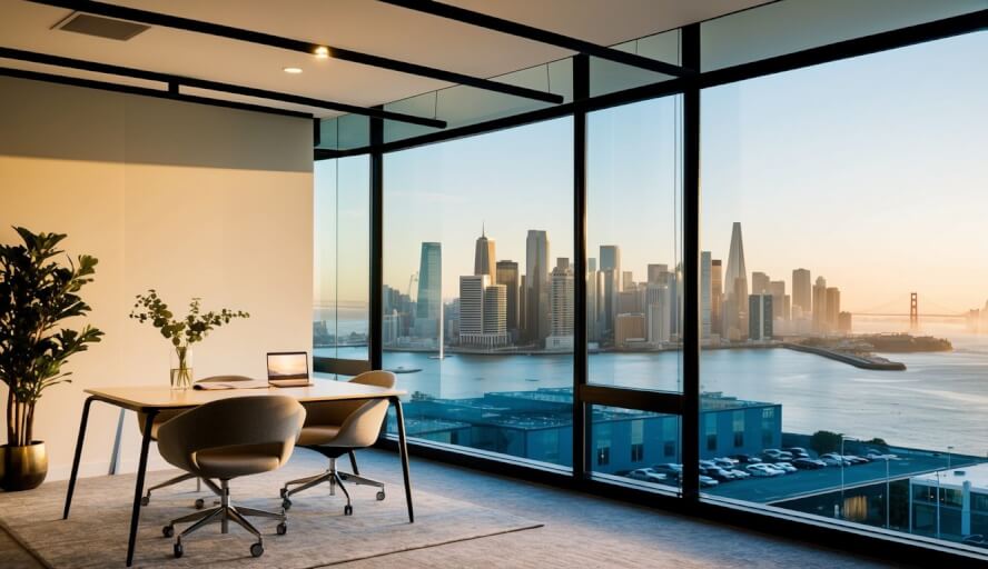 A serene office space with calming decor and natural light, overlooking the San Francisco skyline