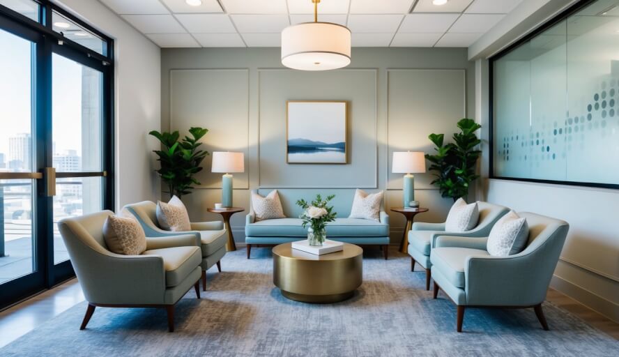 A serene office space with a comfortable seating area and calming decor, located in the heart of San Francisco
