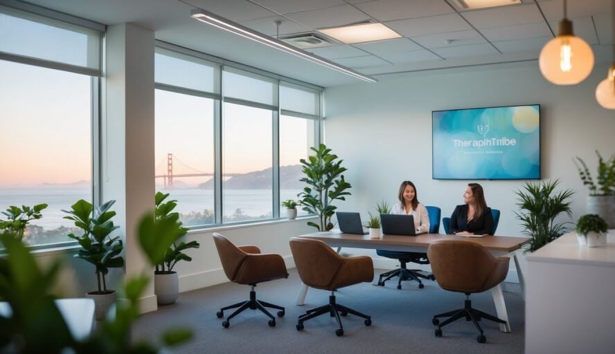 A serene office setting in San Francisco, with a peaceful ambiance and a sense of calm, where TherapyTribe work stress therapists provide support and guidance to their clients