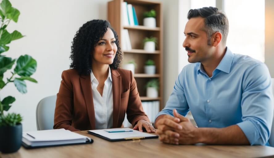 A therapist in San Francisco listens to a client's work stress concerns in a cozy office setting