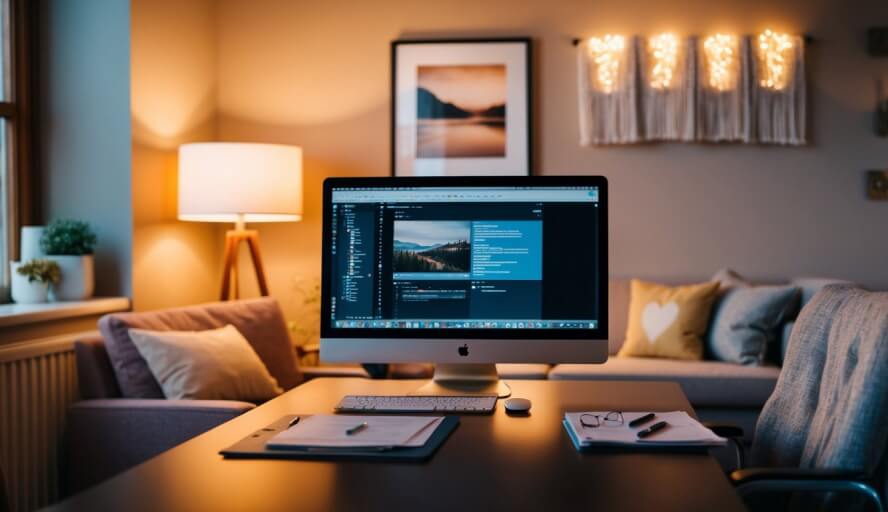 A cozy office with warm lighting and comfortable seating, a desk with a computer and paperwork, and calming decor