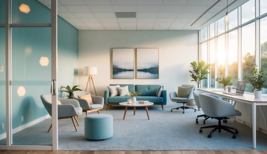 A serene office space with calming decor and natural light, featuring comfortable seating areas and a peaceful atmosphere