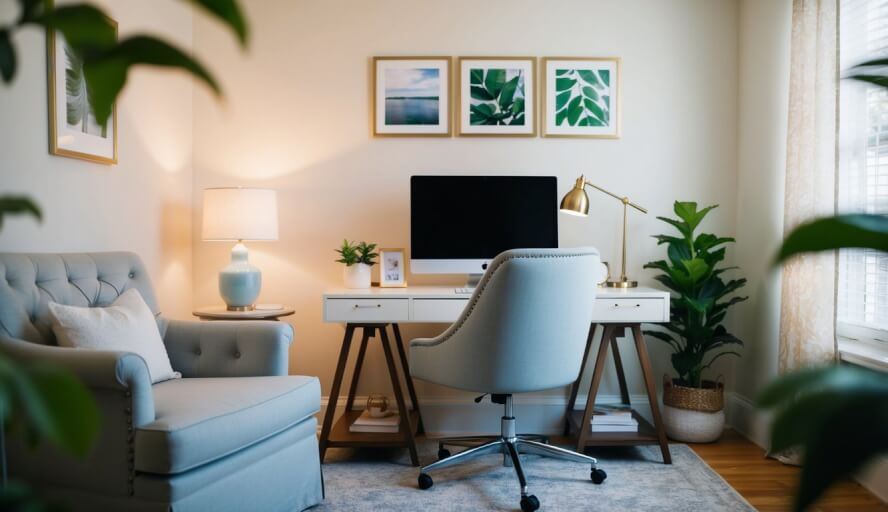 A cozy office with calming decor, a desk with a computer, and a comfortable chair. Soft lighting and peaceful ambiance