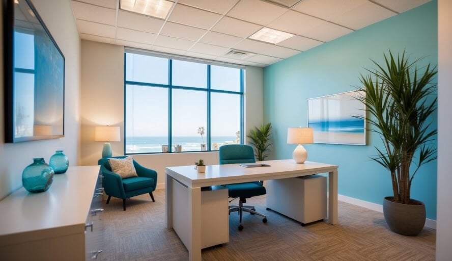 A peaceful office with calming decor and soft lighting in Long Beach, CA