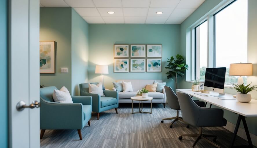 A serene office space with calming decor and natural light, featuring a comfortable seating area and a desk with a computer and counseling materials
