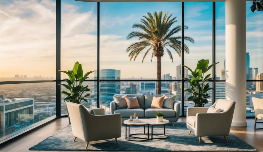 A serene office space with a comfortable seating area and calming decor, situated in a bustling city with palm trees and a sunny sky