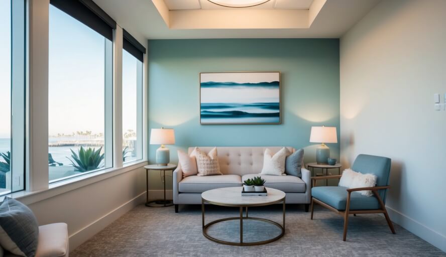 A peaceful office space with a cozy couch, soft lighting, and calming decor in Long Beach, CA