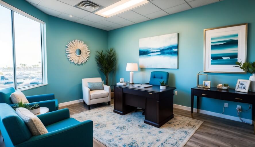 An office in Long Beach, CA with a therapist's desk, comfortable seating, and calming decor