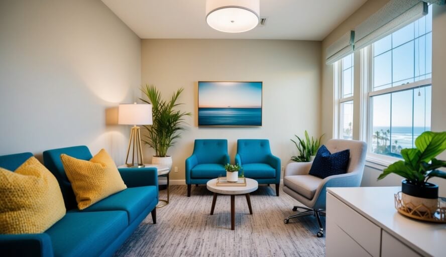 A cozy therapy office in Long Beach, CA, with calming decor and comfortable seating for clients