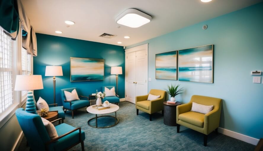 A cozy therapist's office in Long Beach, CA, with calming decor, a comfortable seating area, and soft lighting