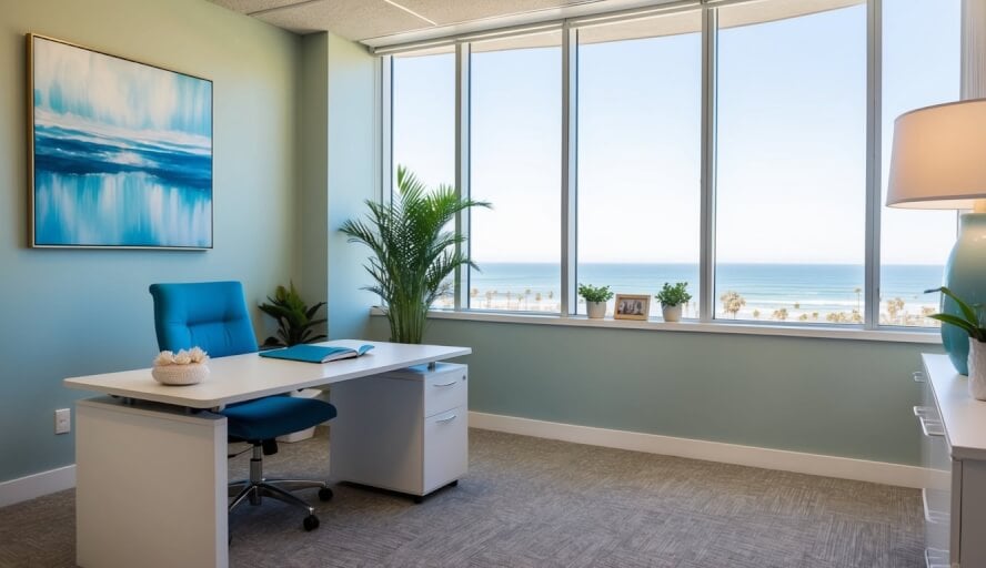 A peaceful office in Long Beach, CA with a desk, chair, and calming decor for a therapist specializing in work stress
