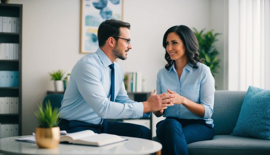 A therapist in Long Beach, CA listens to a client's work stress concerns in a cozy office setting