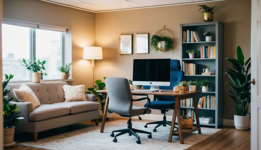 A cozy office with warm lighting, comfortable seating, and calming decor. A desk with a computer and a bookshelf filled with self-help books and plants