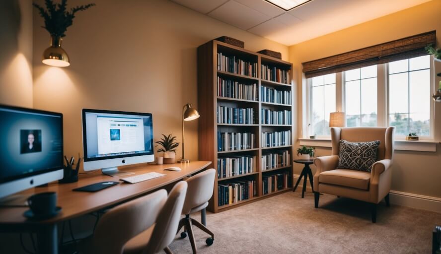 A cozy office with warm lighting, comfortable seating, and calming decor. A desk with a computer and a bookshelf filled with psychology books