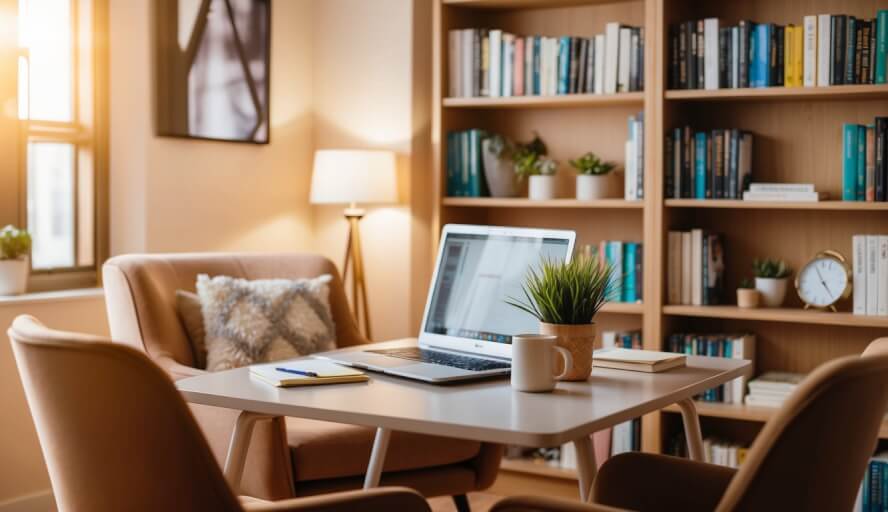 A cozy office with warm lighting, comfortable chairs, and calming decor. A bookshelf filled with self-help books and a desk with a laptop and notepad