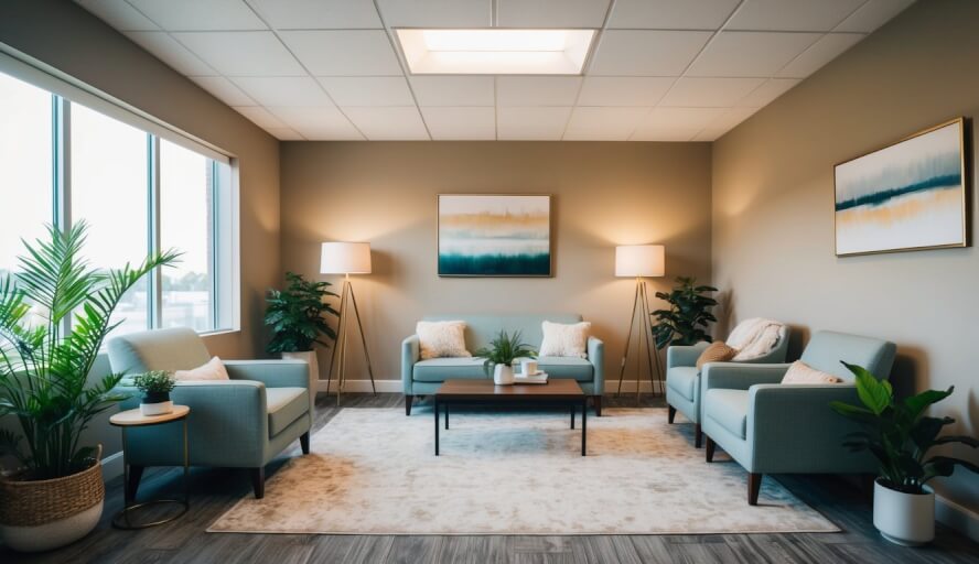 A serene office space with warm lighting and comfortable seating, adorned with calming artwork and plants, creating a safe and welcoming environment for therapy