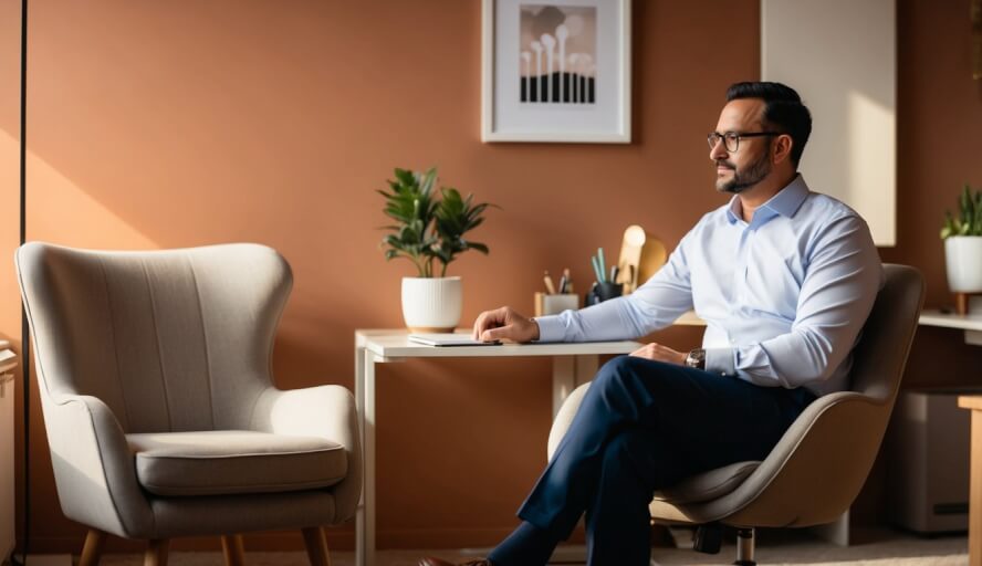 A man sits in a cozy office, surrounded by warm colors and soft lighting. A comfortable chair and a small desk with a potted plant create a calming atmosphere