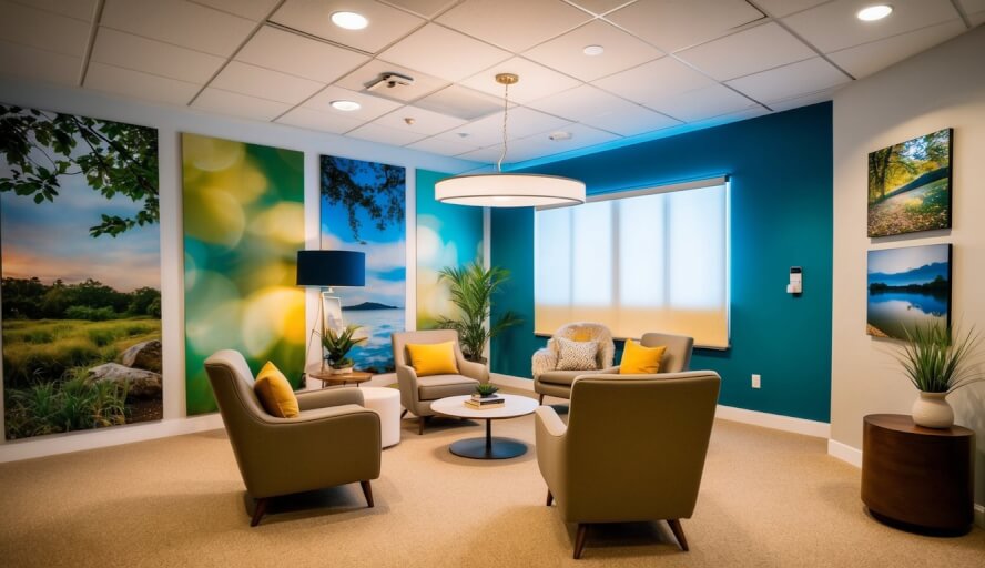 A serene office space with comfortable seating and warm lighting, surrounded by calming nature imagery and soothing colors