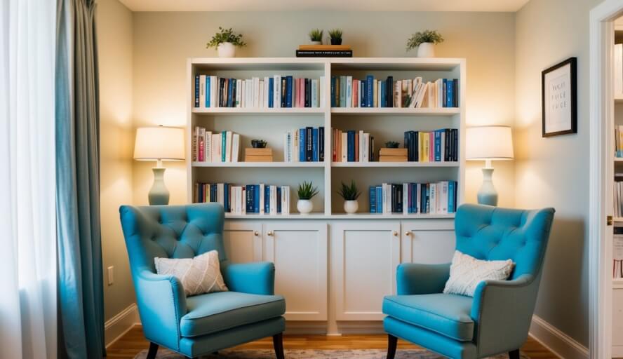 A cozy office with soft lighting, comfortable chairs, and calming decor. A bookshelf filled with self-help books and a serene atmosphere