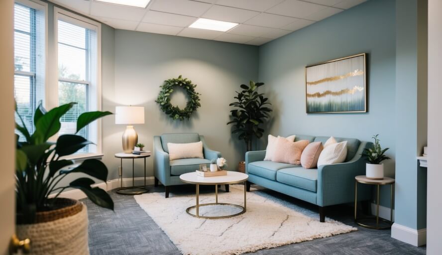 A cozy office space with a comfortable seating area and soft lighting, featuring calming decor and plants to create a welcoming environment for therapy sessions