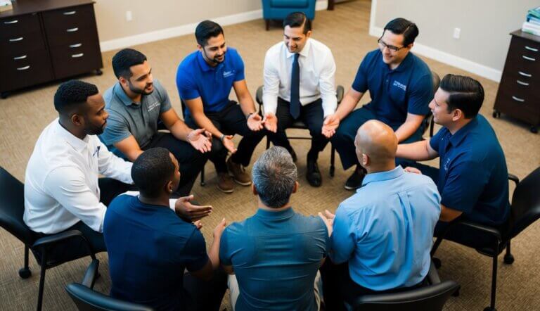 A diverse group of men gather in a supportive circle, surrounded by compassionate therapists in a Sacramento office