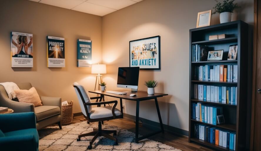A cozy office with warm lighting, comfortable seating, and calming decor. A desk with a computer and a bookshelf filled with resources on depression and anxiety