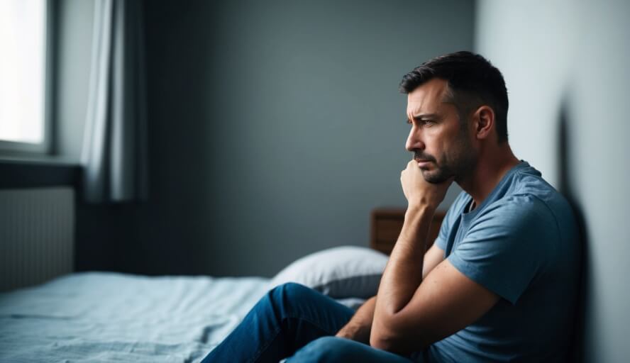 A man sitting alone in a dimly lit room, staring blankly at the wall with a heavy, burdened expression on his face