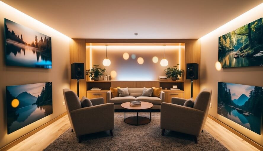 A cozy office with warm lighting and comfortable seating, surrounded by calming nature scenes and soft music playing in the background