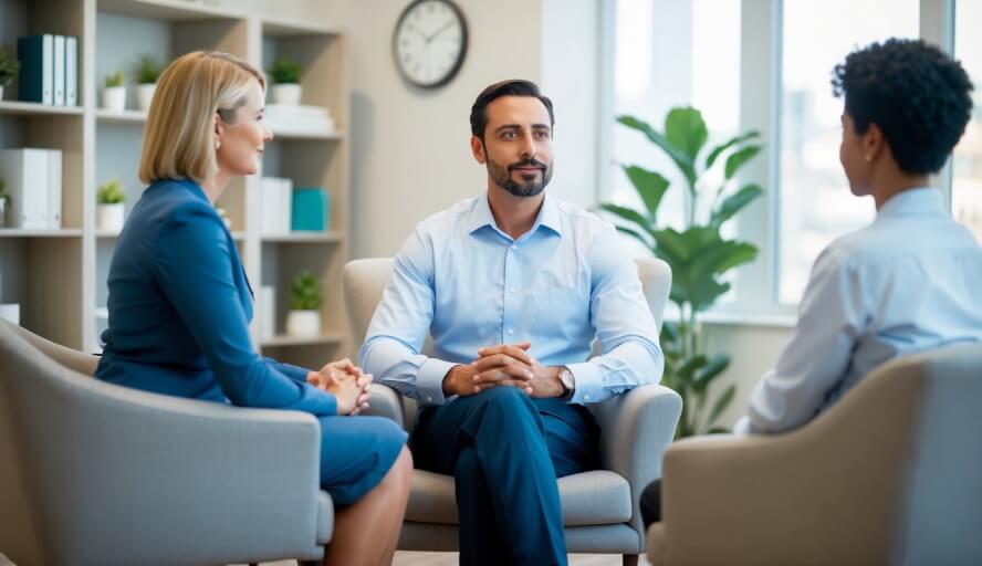 A man sits in a therapist's office, surrounded by comfortable chairs and calming decor. The therapist listens attentively, offering support and guidance