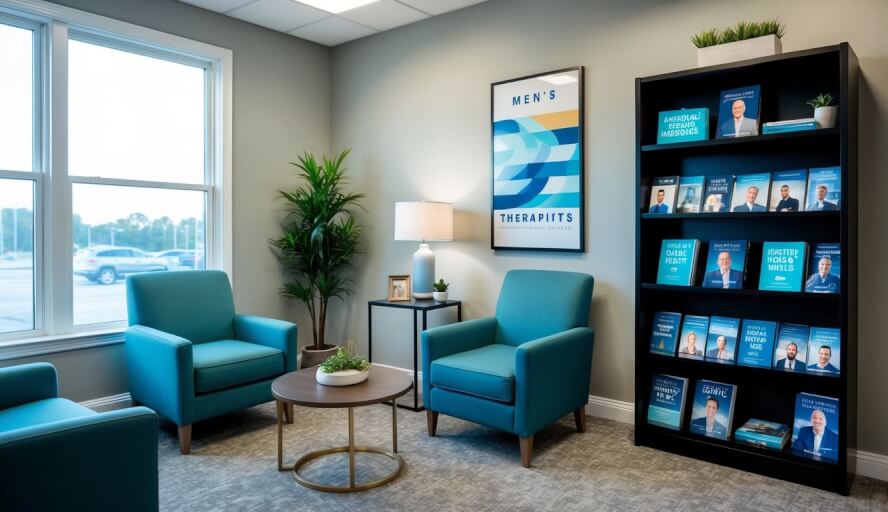 A therapist's office with comfortable seating, soft lighting, and calming decor. A bookshelf filled with resources on men's mental health issues