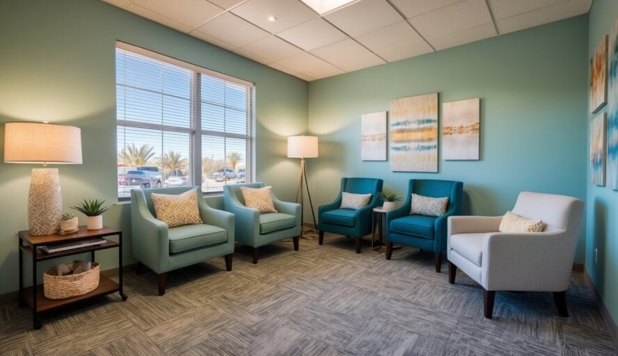 A cozy therapy office in Tucson, AZ with comfortable seating, soft lighting, and calming decor