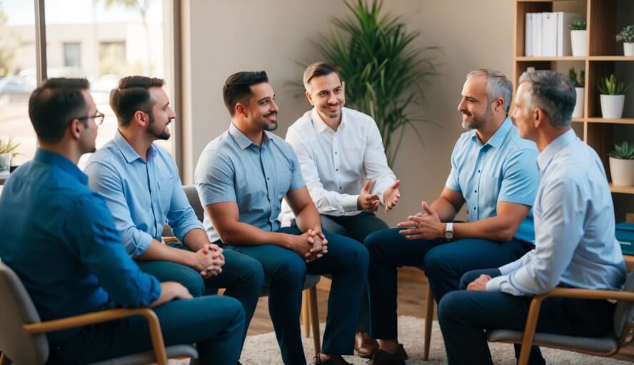 A group of men sitting in a circle, talking to a therapist in a cozy office in Tucson, AZ