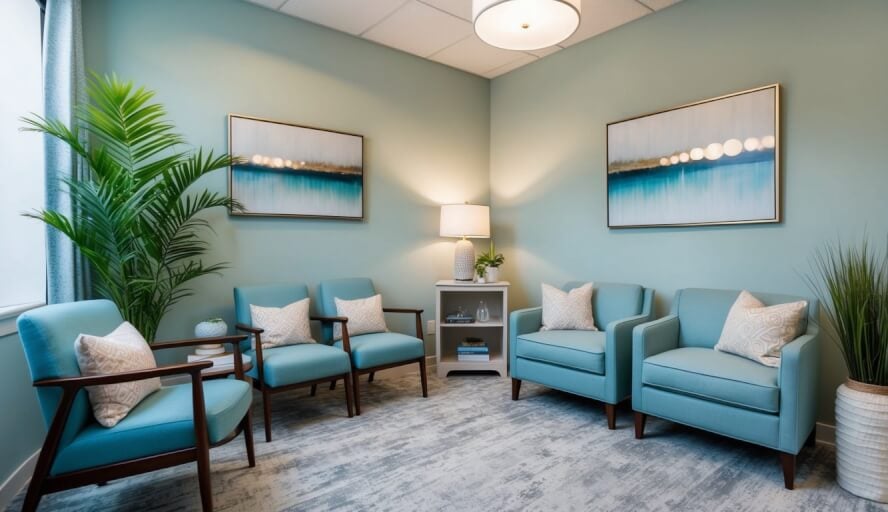 A serene office with calming decor, soft lighting, and comfortable seating for therapy sessions