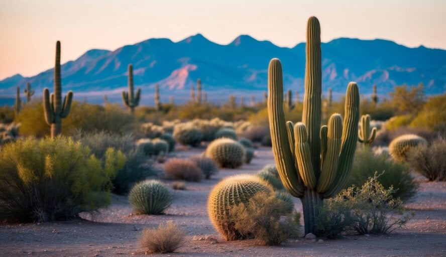 A serene desert landscape with a cactus and mountains in the background, depicting the tranquil setting of Tucson, Arizona