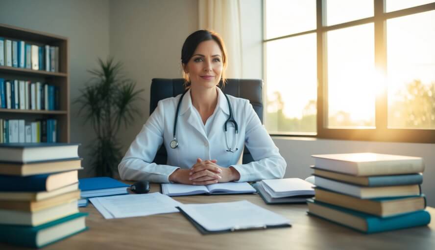 A therapist sits at a desk, surrounded by books and papers. Sunlight streams in through a window, casting a warm glow on the room