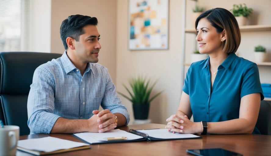 A therapist in Tucson, AZ listens to a client's work stress concerns in a cozy office setting