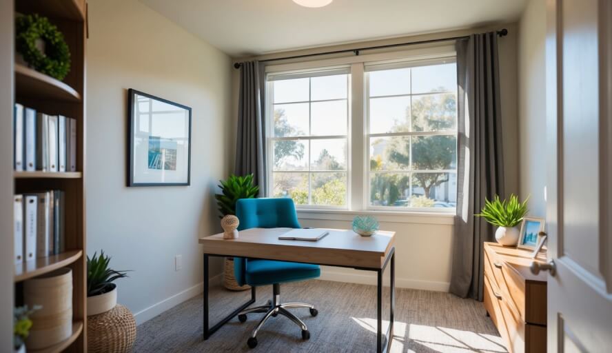 A cozy office in Oakland, CA with a desk, chair, and calming decor. Sunlight streams through the window, creating a peaceful atmosphere for therapy sessions