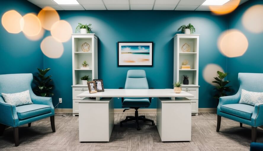 An office setting with a therapist's desk, comfortable chairs, and calming decor