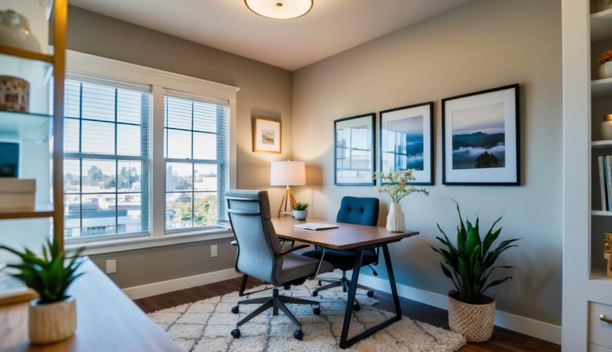 A cozy office space in Oakland, CA with a desk, chair, and calming decor