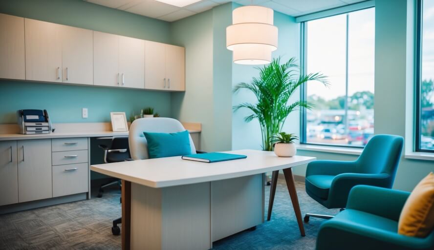 An office setting with a calming atmosphere, featuring a therapist's desk, comfortable chairs, and soft lighting