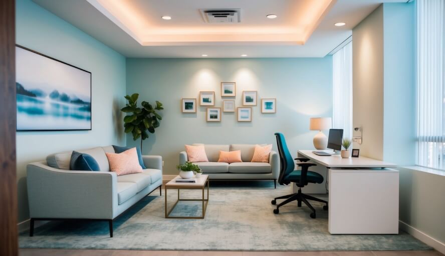 A serene office space with calming decor, a comfortable seating area, and soft lighting