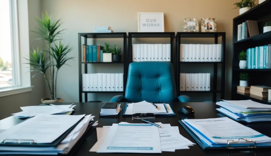 A therapist's office in Oakland, CA with a calming atmosphere, a desk cluttered with paperwork, and a bookshelf filled with resources on work-related mental health
