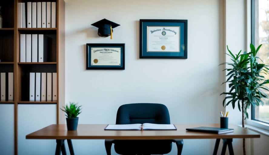 An office setting with a desk, chair, and bookshelves. A diploma and a framed license hang on the wall. A potted plant adds a touch of greenery