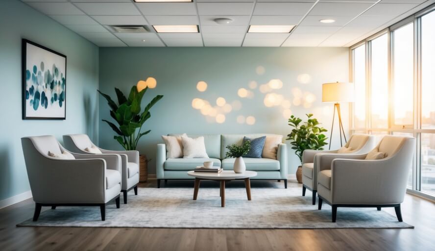 A serene office space with calming decor and natural light, featuring comfortable seating and a peaceful ambiance