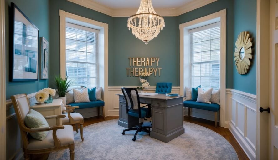 A cozy therapy office in New Orleans, with a desk, chair, and calming decor