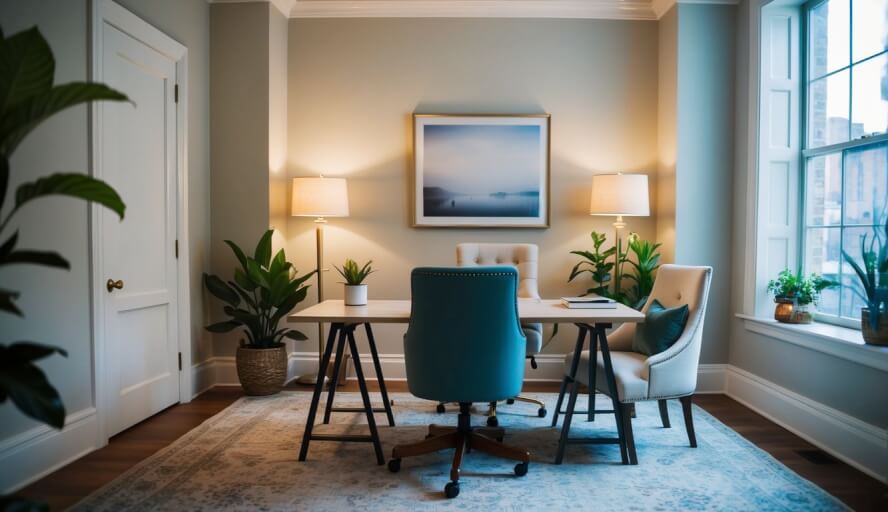 A cozy office in New Orleans, with a desk, chair, and soft lighting. A serene atmosphere with calming decor and plants