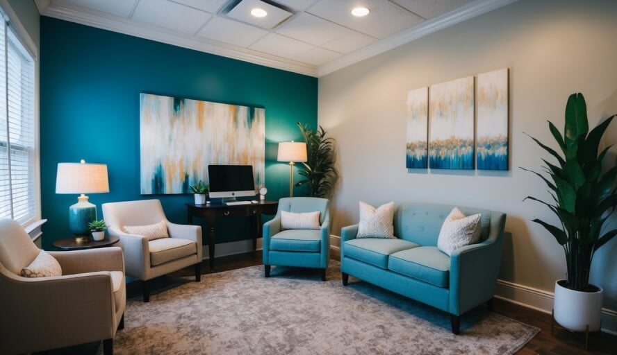 A therapist's office in New Orleans, with calming decor and comfortable seating, a desk with a computer, and a warm, welcoming atmosphere
