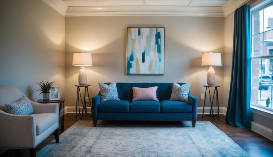 A cozy therapist's office in New Orleans, with calming decor and soft lighting, where Lonnie Tristan Renteria, LCSW helps clients manage work stress