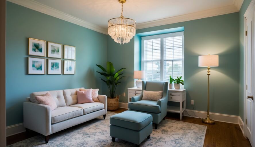 A serene office in New Orleans, LA, with a cozy couch, calming decor, and soft lighting, where Dr. Eileen Wynne, PhD, provides therapy for work-related stress