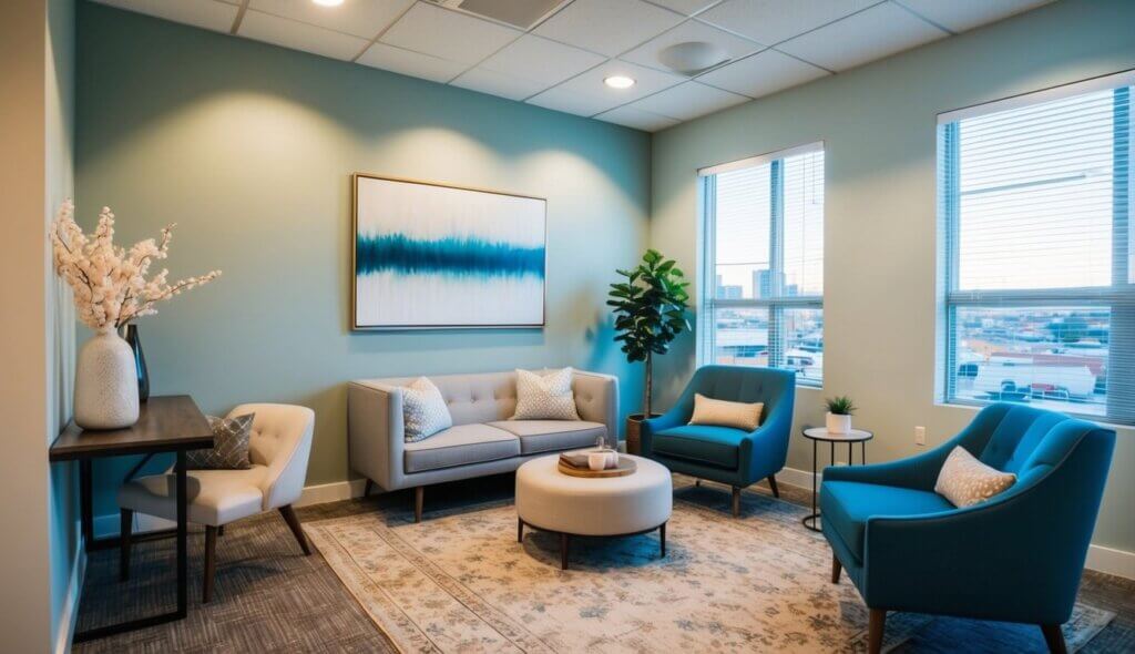 A serene office space with calming decor, soft lighting, and comfortable seating for work stress therapists in Denver, CO